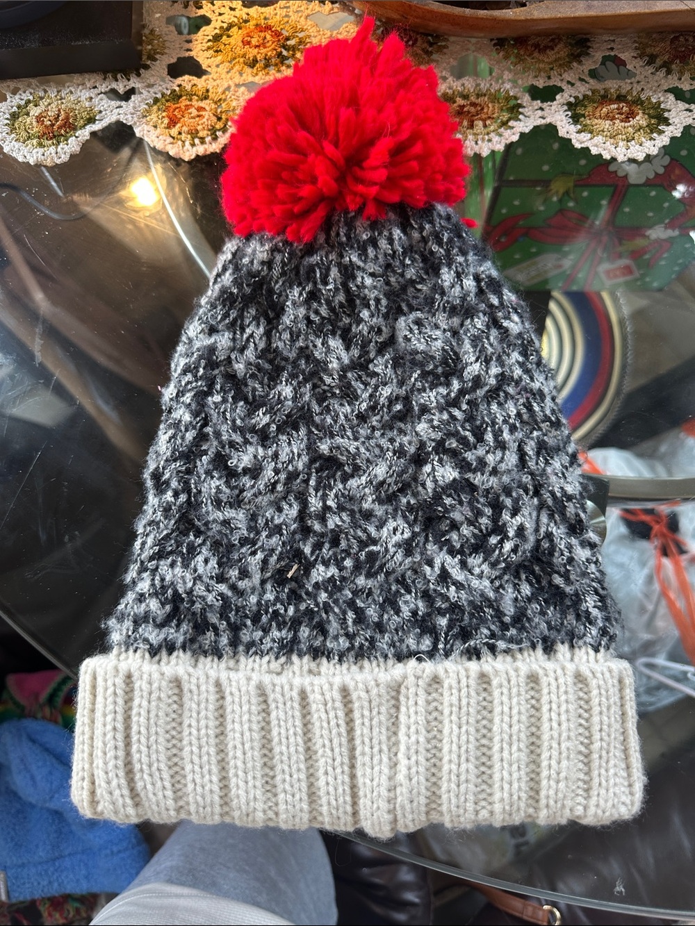 Women’s Pom Pom Beanie - Red, Black & Cream
